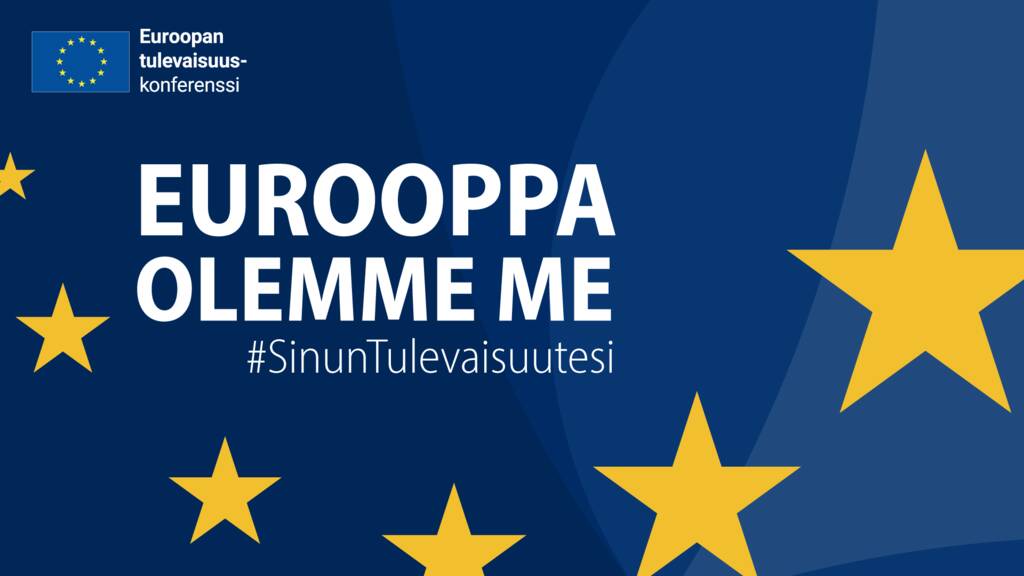 Kuvituskuva, Euroopan unionin lippu, Eurooppa olemme me -tekstillä.
