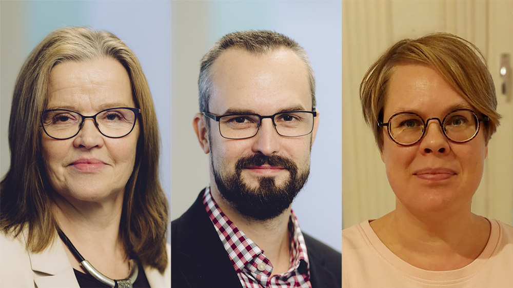 Alivaltiosihteeri Päivi Nerg, muutosjohtaja Ville-Veikko Ahonen ja finanssineuvos Noora Heinonen.