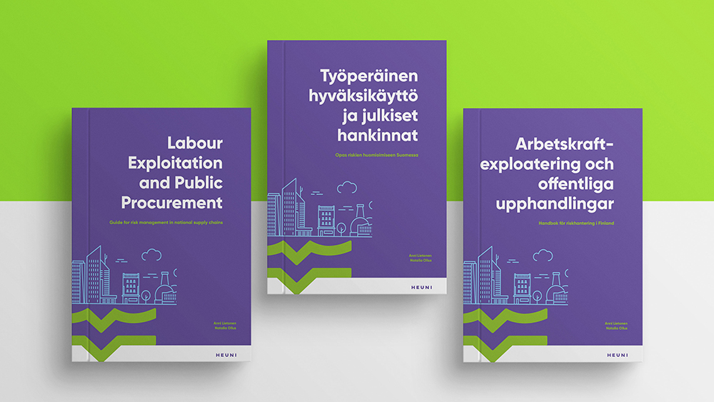 HEUNIn oppaiden kansikuvat suomeksi, ruotsiksi ja englanniksi.