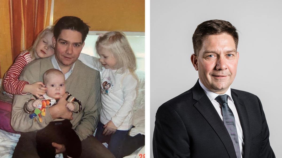 Ministeri Blomqvist lastensa kanssa ja kasvokuvassa