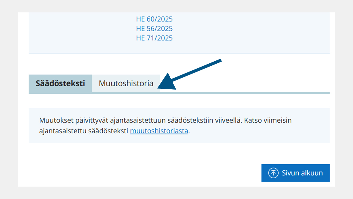 Kuvakaappaus FINLEX-sivusta, jossa nuoli osoittaa muutoshistoria-sanaan.