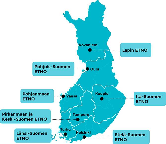 Kartassa näkyvät alueelliset neuvottelukunnat: Lapin, Pohjois-Suomen, Pohjamaan, Itä-Suomen, Pirkanmaan ja Keski-Suomen, Länsi-Suomen ja Etelä-Suomen etnot.