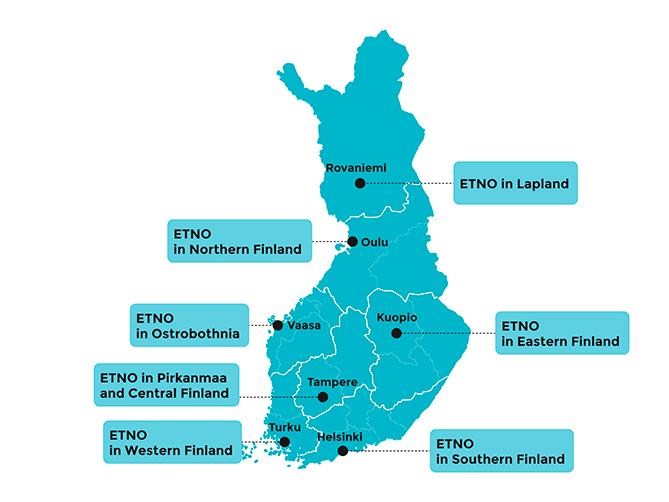 In map regional advisory boards: ETNO in Lapland, in Northern Finland, in Ostrobothnia, in Eastern Finland, in Pirkanmaa and Central Finland, in Western Finland and in Southern Finland.   