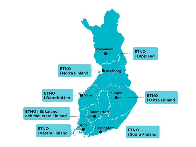 På kartan finns regionala delegationer: ETNO i Lappland, i Norra Finland, i Österbotten, i Östra Finland, i Birkaland och Mellersta Finland, i Västra Finland och i Södra Finland.